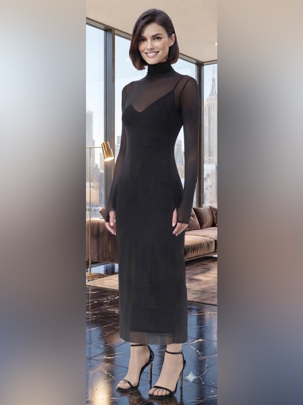 AFRM Black Long Sleeve Mesh Midi Dress